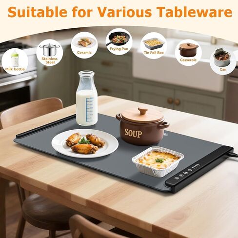 Warming Mat for Food, Portable Food Warming Mat For Countertop, Full Surface Electric Warming Tray with Safety Lock, 4 Temp Levels & 6-Hour Timer for for Parties, Buffets & Home Use (Grey) in Saudi Arabia