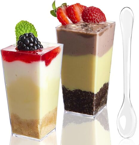 TOFLEN 50 Pack 3 oz Square Mini Dessert Cups with Spoons Clear Plastic Dessert Shooter Cups for for Party, Yogurt, Parfait, Cheesecake, Pudding, Jello and Appetizers in Kuwait