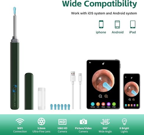 إزالة شمع الأذن مع مجموعة أذن مكونة من 8 قطع - منظف قناة الأذن بكاميرا 1080 بكسل - طقم تنظيف الأذن مع 6 مجارف للأذن - منظف شمع الأذن مع أداة التقاط الأذن بالكاميرا لنظامي التشغيل iOS وAndroid in Kuwait