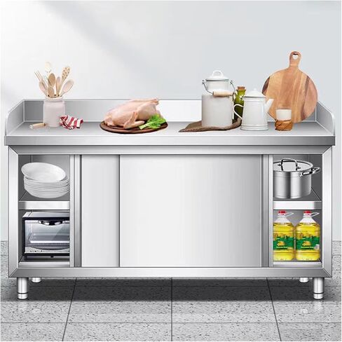 3 Tiers Thickened 304 Stainless Steel Kitchen Cabinet Work Table Three Sides Raised Baffle Sliding Door Design Raised Floor Feet Design(31.5x23.6x31.5in) in Saudi Arabia