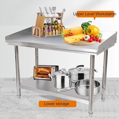 Stainless Steel Work Table with Guardrail 2 Tier Kitchen Industrial Storage Rack Prep Table Adjustable Tiers Adjustable Feet Workbench(100x50x80cm/39.4x19.7x31.5) in Saudi Arabia