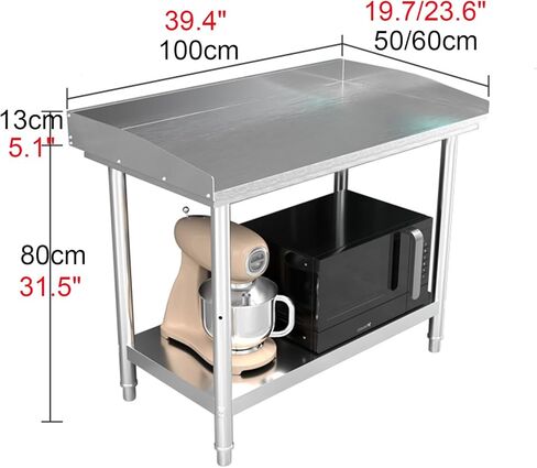 Stainless Steel Work Table with Guardrail 2 Tier Kitchen Industrial Storage Rack Prep Table Adjustable Tiers Adjustable Feet Workbench(100x50x80cm/39.4x19.7x31.5) in Saudi Arabia