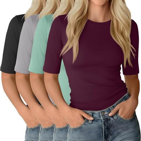 Neer 4 Pack Women's Half Sleeve Tops Cotton Crewneck Slim Fit 1/2 Sleeve T Shirts Stretchy Elbow Casual Summer Tees Bulk in Kuwait