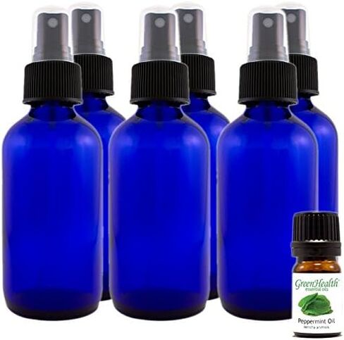 GreenHealth 4 oz Cobalt Blue Glass Bottles, with Black Fine Mist Sprayer (Pack of 6), 5ML Peppermint Oil in Saudi Arabia