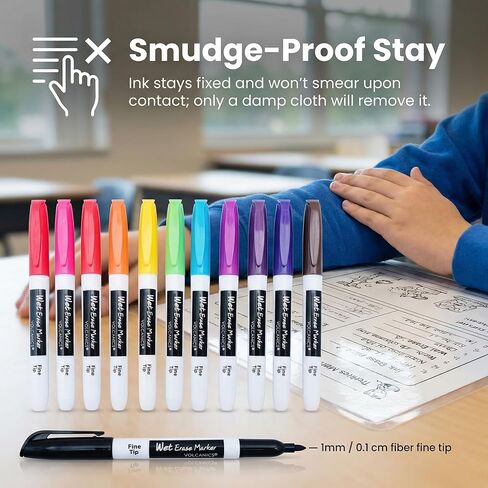 علامات مسح رطب من البراكين، رائحة منخفضة، طرف رفيع، 1 مم، أقلام تحديد سبورة بيضاء خالية من التلطخ، حزمة من 12,12 لونًا in Kuwait