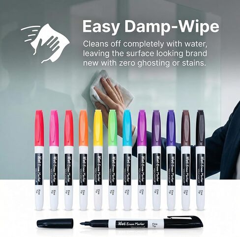 علامات مسح رطب من البراكين، رائحة منخفضة، طرف رفيع، 1 مم، أقلام تحديد سبورة بيضاء خالية من التلطخ، حزمة من 12,12 لونًا in Kuwait