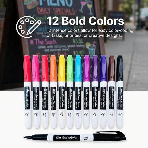 علامات مسح رطب من البراكين، رائحة منخفضة، طرف رفيع، 1 مم، أقلام تحديد سبورة بيضاء خالية من التلطخ، حزمة من 12,12 لونًا in Kuwait
