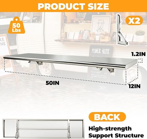 50x12 Inch Folding Concession Shelf, Stainless Steel Food Shelf Stand Serving for Concession Serving Window Food Truck, Kitchen, Counter in Kuwait