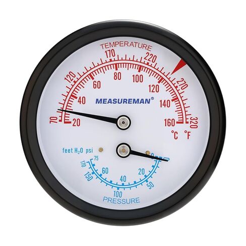 مجموعة قياس غلاية Tridicator التجارية من MEASUREMAN، قرص 2.5 بوصة، 0-75 رطل لكل بوصة مربعة (قدم H₂O) و70-320 درجة فهرنهايت، حامل خلفي 1/4 بوصة NPT مع محول NPT 1/2 بوصة وحلقة دائرية (جذع 2.95 بوصة) in Saudi Arabia