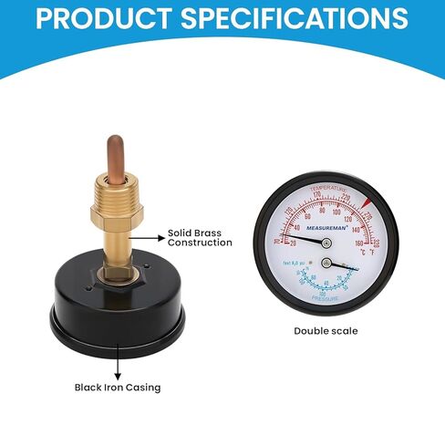 مجموعة قياس غلاية Tridicator التجارية من MEASUREMAN، قرص 2.5 بوصة، 0-75 رطل لكل بوصة مربعة (قدم H₂O) و70-320 درجة فهرنهايت، حامل خلفي 1/4 بوصة NPT مع محول NPT 1/2 بوصة وحلقة دائرية (جذع 2.95 بوصة) in Saudi Arabia