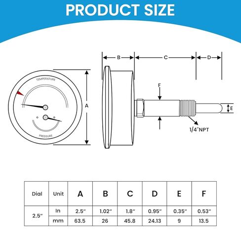 مجموعة قياس غلاية Tridicator التجارية من MEASUREMAN، قرص 2.5 بوصة، 0-75 رطل لكل بوصة مربعة (قدم H₂O) و70-320 درجة فهرنهايت، حامل خلفي 1/4 بوصة NPT مع محول NPT 1/2 بوصة وحلقة دائرية (جذع 2.95 بوصة) in Saudi Arabia