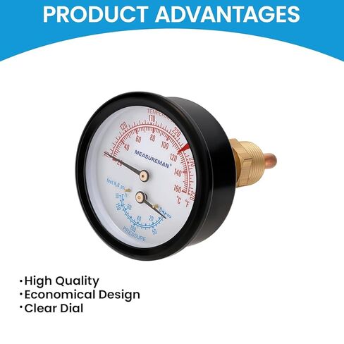مجموعة قياس غلاية Tridicator التجارية من MEASUREMAN، قرص 2.5 بوصة، 0-75 رطل لكل بوصة مربعة (قدم H₂O) و70-320 درجة فهرنهايت، حامل خلفي 1/4 بوصة NPT مع محول NPT 1/2 بوصة وحلقة دائرية (جذع 2.95 بوصة) in Saudi Arabia