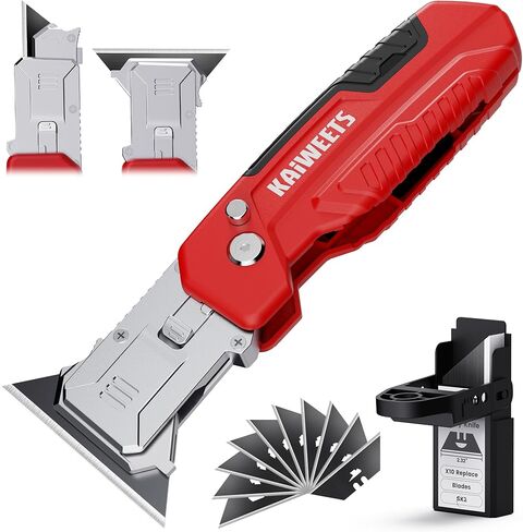 KAIWEETS Utility Knife Scraper, 2-in-1 Folding Box Cutter with Blade Storage, Heavy Duty Zinc Alloy Body, Retractable Design, 12pcs SK2 Black Blades replacement, EDC Tool for Home, Office, DIY– Red in Kuwait