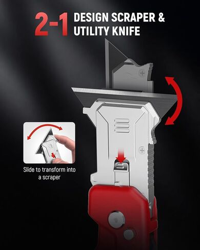 KAIWEETS Utility Knife Scraper, 2-in-1 Folding Box Cutter with Blade Storage, Heavy Duty Zinc Alloy Body, Retractable Design, 12pcs SK2 Black Blades replacement, EDC Tool for Home, Office, DIY– Red in Kuwait
