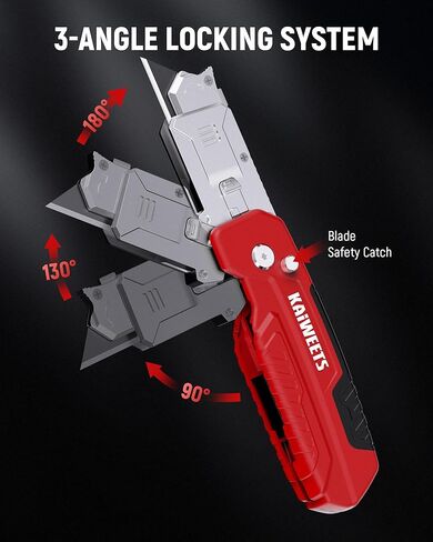 KAIWEETS Utility Knife Scraper, 2-in-1 Folding Box Cutter with Blade Storage, Heavy Duty Zinc Alloy Body, Retractable Design, 12pcs SK2 Black Blades replacement, EDC Tool for Home, Office, DIY– Red in Kuwait