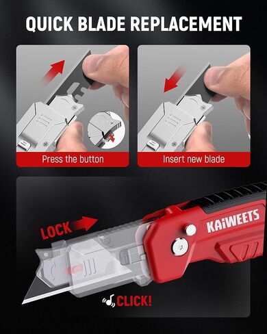 KAIWEETS Utility Knife Scraper, 2-in-1 Folding Box Cutter with Blade Storage, Heavy Duty Zinc Alloy Body, Retractable Design, 12pcs SK2 Black Blades replacement, EDC Tool for Home, Office, DIY– Red in Kuwait