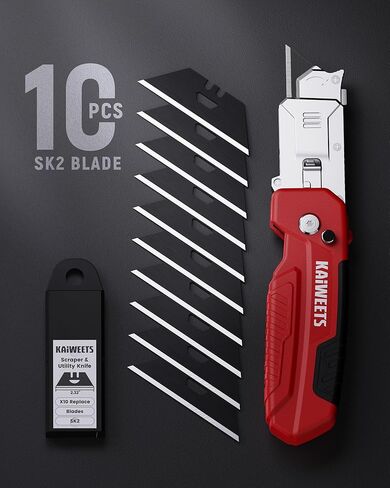 KAIWEETS Utility Knife Scraper, 2-in-1 Folding Box Cutter with Blade Storage, Heavy Duty Zinc Alloy Body, Retractable Design, 12pcs SK2 Black Blades replacement, EDC Tool for Home, Office, DIY– Red in Kuwait