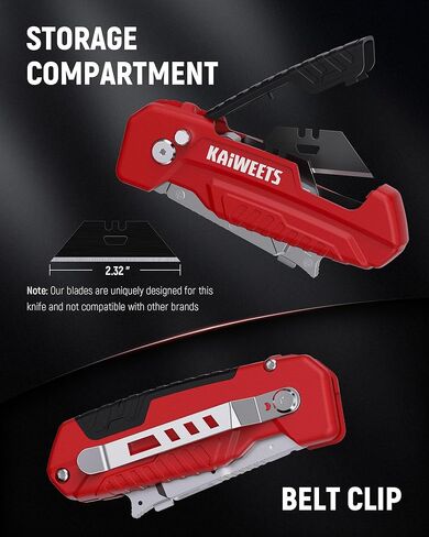 KAIWEETS Utility Knife Scraper, 2-in-1 Folding Box Cutter with Blade Storage, Heavy Duty Zinc Alloy Body, Retractable Design, 12pcs SK2 Black Blades replacement, EDC Tool for Home, Office, DIY– Red in Kuwait