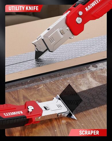 KAIWEETS Utility Knife Scraper, 2-in-1 Folding Box Cutter with Blade Storage, Heavy Duty Zinc Alloy Body, Retractable Design, 12pcs SK2 Black Blades replacement, EDC Tool for Home, Office, DIY– Red in Kuwait