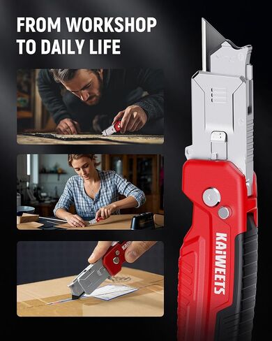 KAIWEETS Utility Knife Scraper, 2-in-1 Folding Box Cutter with Blade Storage, Heavy Duty Zinc Alloy Body, Retractable Design, 12pcs SK2 Black Blades replacement, EDC Tool for Home, Office, DIY– Red in Kuwait