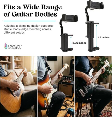 حامل هاتف جيتار - قابل للتعديل 360 درجة قابل للدوران للهاتف الذكي، جيتار كهربائي، قيثارة قيثارة - مشبك حافة الجسم، حامل كاميرا هاتف ملولب لتسجيل الفيديو والبث المباشر in Kuwait