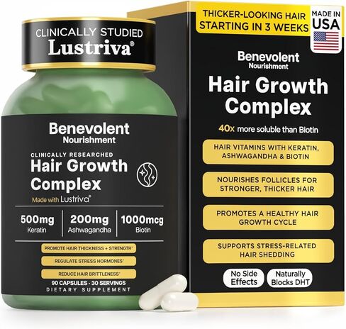 Benevolent Lustriva Hair Growth Supplement – Advanced Hair Vitamins with Keratin & Biotin for Thicker-Looking, Stronger Strands, Support for Stress-Related Thinning in Women & Men, USA-Made, 90 ct in Kuwait