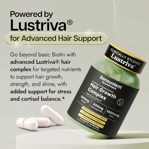 Benevolent Lustriva Hair Growth Supplement – Advanced Hair Vitamins with Keratin & Biotin for Thicker-Looking, Stronger Strands, Support for Stress-Related Thinning in Women & Men, USA-Made, 90 ct in Kuwait
