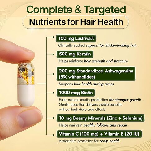 Benevolent Lustriva Hair Growth Supplement – Advanced Hair Vitamins with Keratin & Biotin for Thicker-Looking, Stronger Strands, Support for Stress-Related Thinning in Women & Men, USA-Made, 90 ct in Kuwait