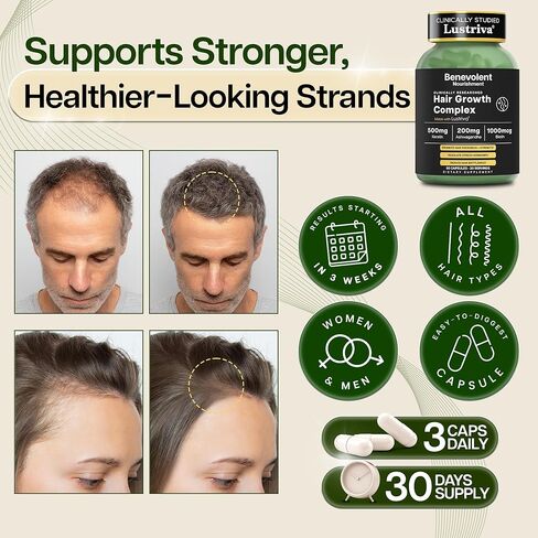 Benevolent Lustriva Hair Growth Supplement – Advanced Hair Vitamins with Keratin & Biotin for Thicker-Looking, Stronger Strands, Support for Stress-Related Thinning in Women & Men, USA-Made, 90 ct in Kuwait