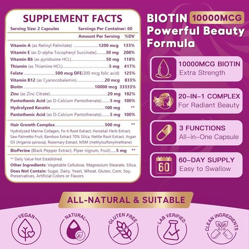 NATURE TARGET Biotin 10000mcg فيتامينات نمو الشعر - مكملات نمو الشعر ذات القوة القصوى مع الكولاجين والكيراتين وFo-Ti وMSM والزنك وفيتامينات B لشعر وبشرة وأظافر أكثر سمكًا وأقوى. in Saudi Arabia