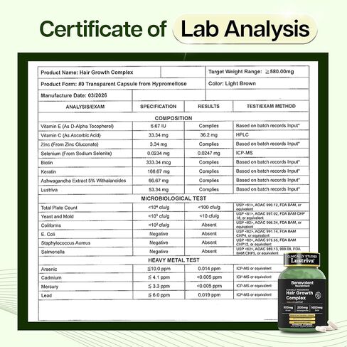 Benevolent Lustriva Hair Growth Supplement – Advanced Hair Vitamins with Keratin & Biotin for Thicker-Looking, Stronger Strands, Support for Stress-Related Thinning in Women & Men, USA-Made, 90 ct in Kuwait