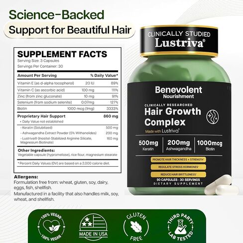 Benevolent Lustriva Hair Growth Supplement – Advanced Hair Vitamins with Keratin & Biotin for Thicker-Looking, Stronger Strands, Support for Stress-Related Thinning in Women & Men, USA-Made, 90 ct in Kuwait