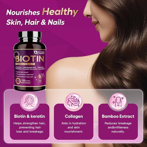 NATURE TARGET Biotin 10000mcg Hair Growth Vitamins – Maximum Strength Hair Growth Supplement with Collagen, Keratin, Fo-Ti, MSM, Zinc & B Vitamins for Thicker, Stronger Hair, Skin & Nails in Saudi Arabia