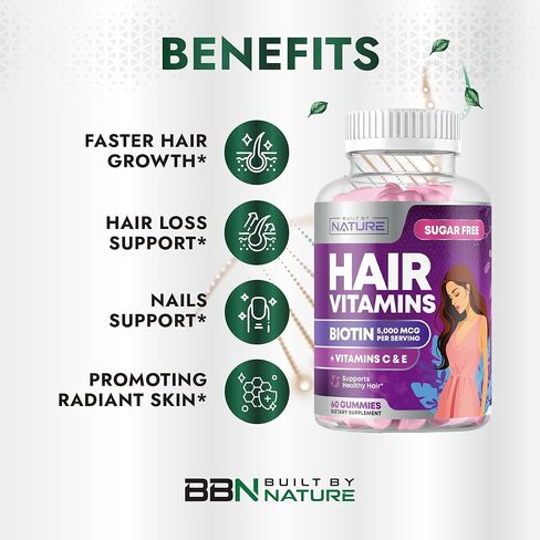 Built by Nature Hair Skin and Nails Vitamins – Hair Skin and Nails Gummies for Women, Hair Growth Gummies with Biotin for Hair, Skin & Nail Support, Skin Vitamins & Hair Nail Supplement – 60 Gummies in Saudi Arabia