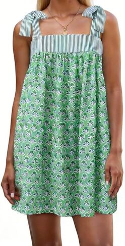 Women Floral Tie Shoulder Mini Dress Cute Square Neck Loose Fit Beach Short Dress Backless Boho Vocation Sundress in Saudi Arabia