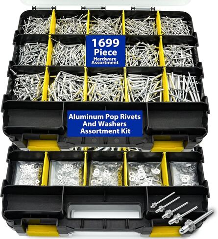 J&L HomeHive 1699Pc Aluminum-steel Pop Rivets and 304 Stainless Steel Washers Assortment Kit,25 Sizes(3/32", 1/8",5/32", 3/16", 1/4"), with Double-Sided Storage Box, for Metals, Furniture, Automotive in Saudi Arabia