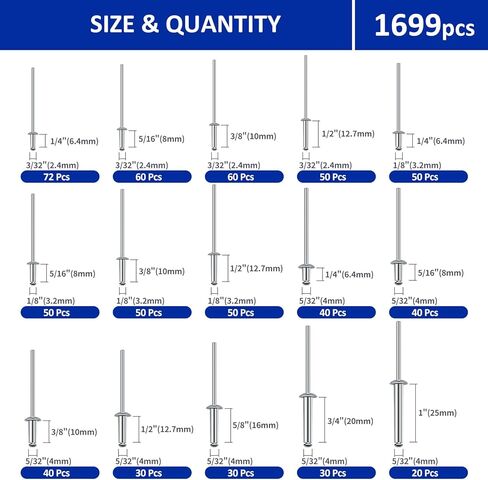 J&L HomeHive 1699Pc Aluminum-steel Pop Rivets and 304 Stainless Steel Washers Assortment Kit,25 Sizes(3/32", 1/8",5/32", 3/16", 1/4"), with Double-Sided Storage Box, for Metals, Furniture, Automotive in Saudi Arabia