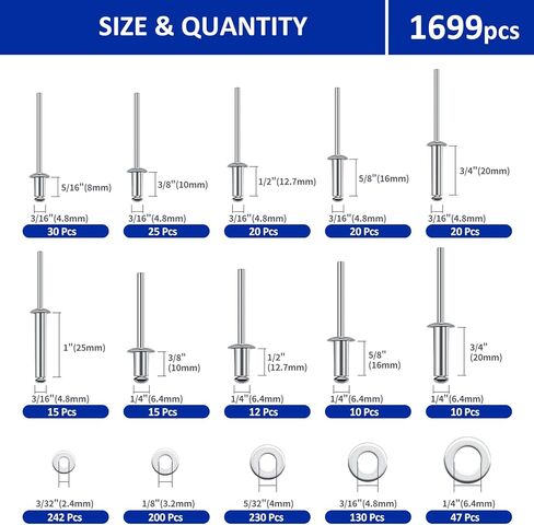 J&L HomeHive 1699Pc Aluminum-steel Pop Rivets and 304 Stainless Steel Washers Assortment Kit,25 Sizes(3/32", 1/8",5/32", 3/16", 1/4"), with Double-Sided Storage Box, for Metals, Furniture, Automotive in Saudi Arabia