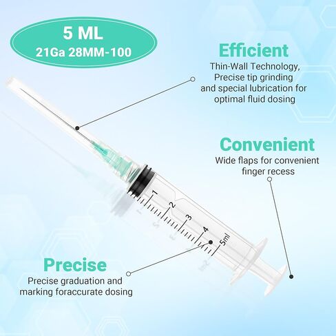 100 عبوة من المحاقن الصناعية 5 مل 21 جيجا 1.5 بوصة، حقنة بلاستيكية للاستعمال مرة واحدة للمختبرات العلمية وإعادة تعبئة السوائل وقياسها in Kuwait
