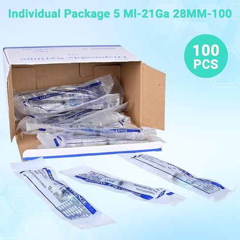 100 عبوة من المحاقن الصناعية 5 مل 21 جيجا 1.5 بوصة، حقنة بلاستيكية للاستعمال مرة واحدة للمختبرات العلمية وإعادة تعبئة السوائل وقياسها in Kuwait