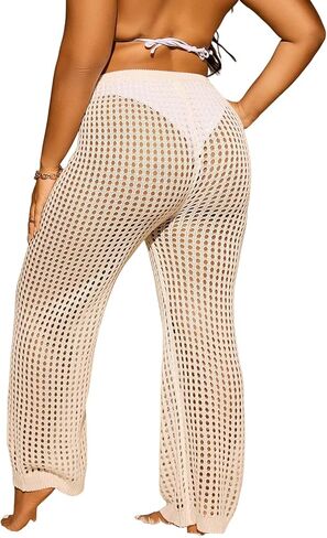 Zaful Women's Beach Cover Up Pants Hollow Out بالإضافة إلى حجم الرباط المرن مرن مرتفع الخصر التستر على الشاطئ السراويل الطويلة in Kuwait
