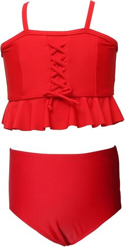 Girls 2 Piece Swimsuit Summer Beach Bikini Sets Criss Cross Strap High Waist Ruffle Hem Cover Up Swimwear in Saudi Arabia