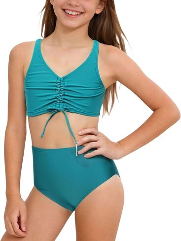 Girls 2 Piece Swimsuit Summer Beach Bikini Sets Criss Cross Strap High Waist Ruffle Hem Cover Up Swimwear in Saudi Arabia