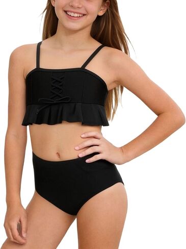 Girls 2 Piece Swimsuit Summer Beach Bikini Sets Criss Cross Strap High Waist Ruffle Hem Cover Up Swimwear in Saudi Arabia