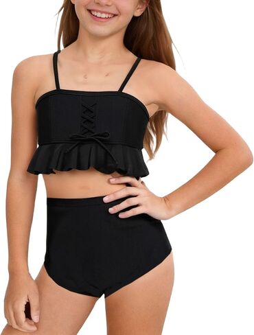 Girls 2 Piece Swimsuit Summer Beach Bikini Sets Criss Cross Strap High Waist Ruffle Hem Cover Up Swimwear in Saudi Arabia