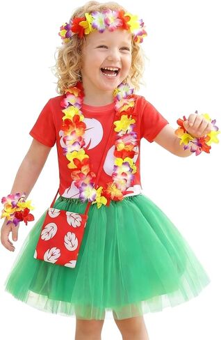 Girls Hawaiian Costume for Kids Luau Party Dress with Tropical Flower Lei for 3-8Y in Saudi Arabia