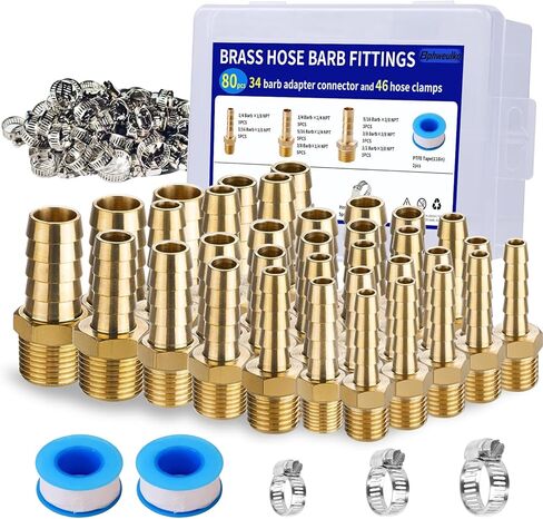 طقم تركيبات خرطوم نحاسي 34 قطعة - 3/16 بوصة، 1/4 بوصة، 5/16 بوصة، 3/8 بوصة، 1/2 بوصة بارب إلى 1/8 بوصة، 1/4 بوصة، 3/8 بوصة محول ذكر NPT مع 46 قطعة مشابك وشريطين تيفلون لخط مياه وقود الهواء in Kuwait