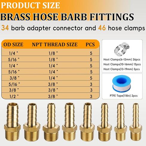 طقم تركيبات خرطوم نحاسي 34 قطعة - 3/16 بوصة، 1/4 بوصة، 5/16 بوصة، 3/8 بوصة، 1/2 بوصة بارب إلى 1/8 بوصة، 1/4 بوصة، 3/8 بوصة محول ذكر NPT مع 46 قطعة مشابك وشريطين تيفلون لخط مياه وقود الهواء in Kuwait