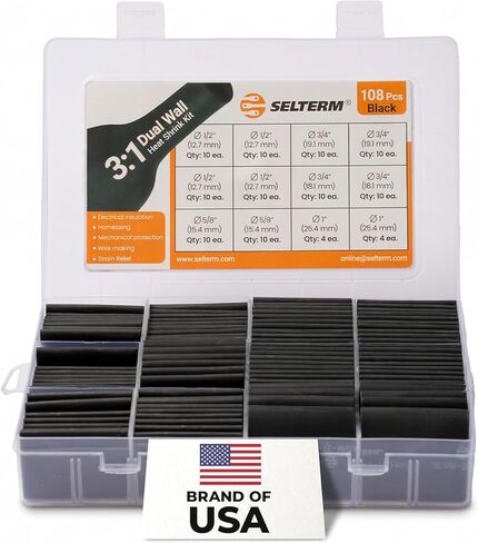 طقم أنابيب انكماش حراري من الدرجة البحرية كبيرة الحجم من SELTERM، تشكيلة 1، 3/4، 1/2، 5/8 بوصة، بطانة لاصقة مزدوجة الجدار 3:1، لموصلات أطراف كابل البطارية - أسود [108 قطعة] in Kuwait