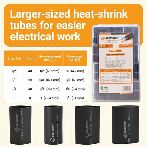 طقم أنابيب انكماش حراري من الدرجة البحرية كبيرة الحجم من SELTERM، تشكيلة 1، 3/4، 1/2، 5/8 بوصة، بطانة لاصقة مزدوجة الجدار 3:1، لموصلات أطراف كابل البطارية - أسود [108 قطعة] in Kuwait